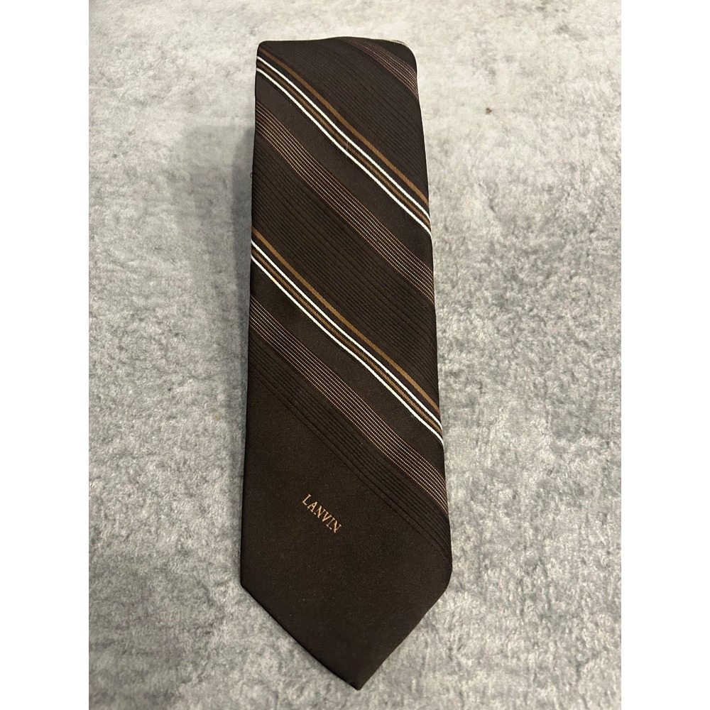 Lanvin Paris Vintage Silk Tie Brown Gold White Diagonal Stripe Mens Necktie